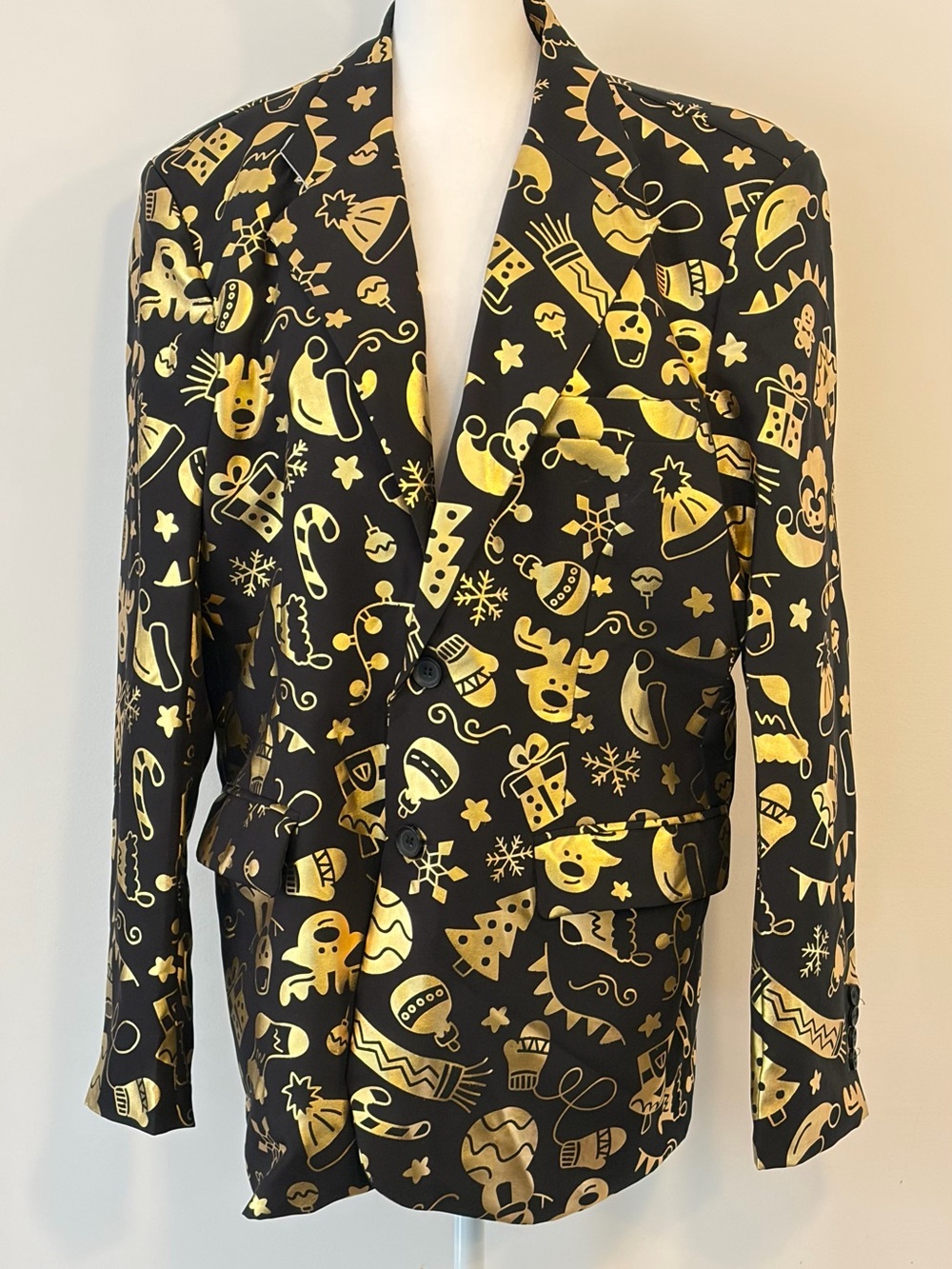 Urban Heritage Black Blazer with Metallic Gold Holiday Print